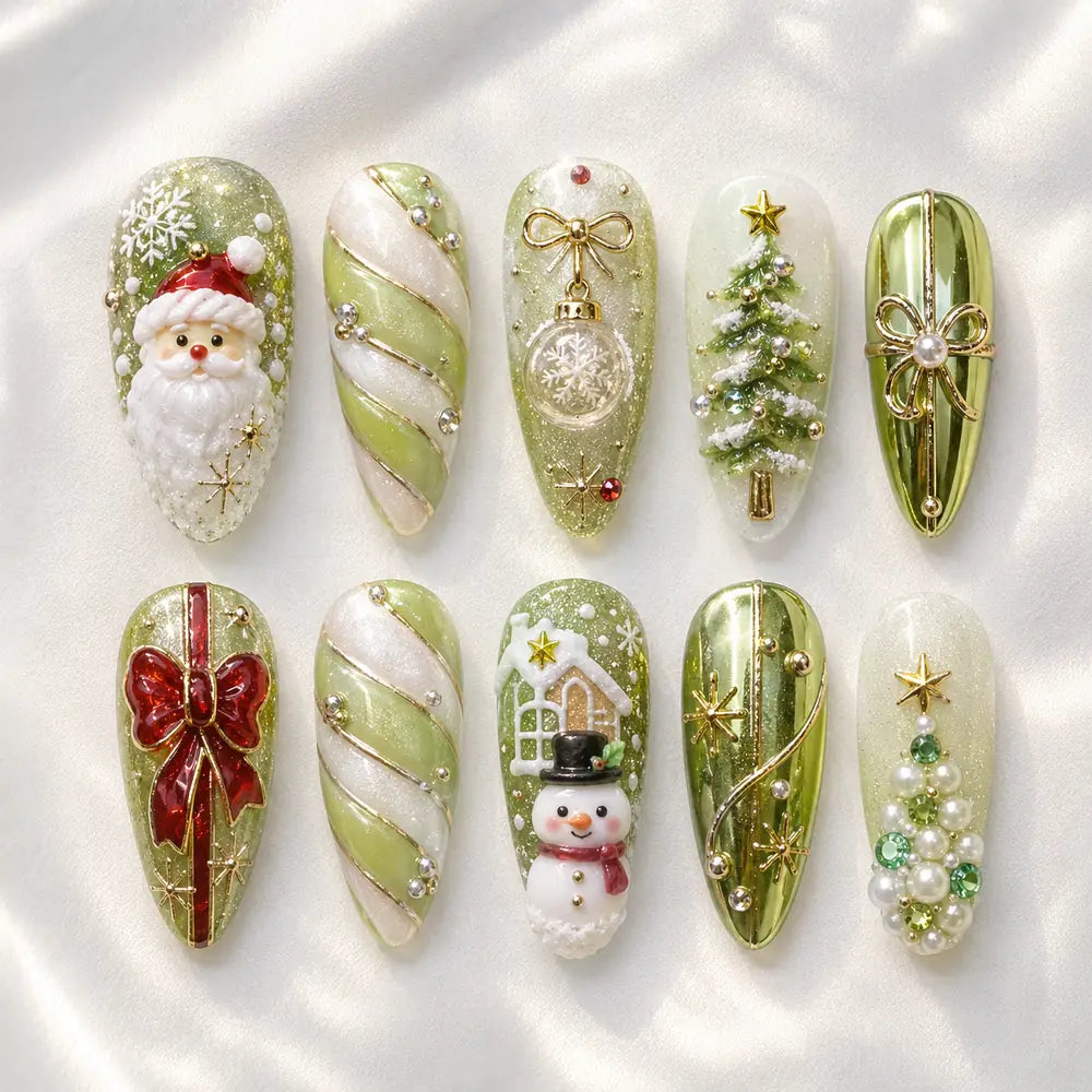 Emerald Santa Gift Bow Christmas Press On Nails — image 2