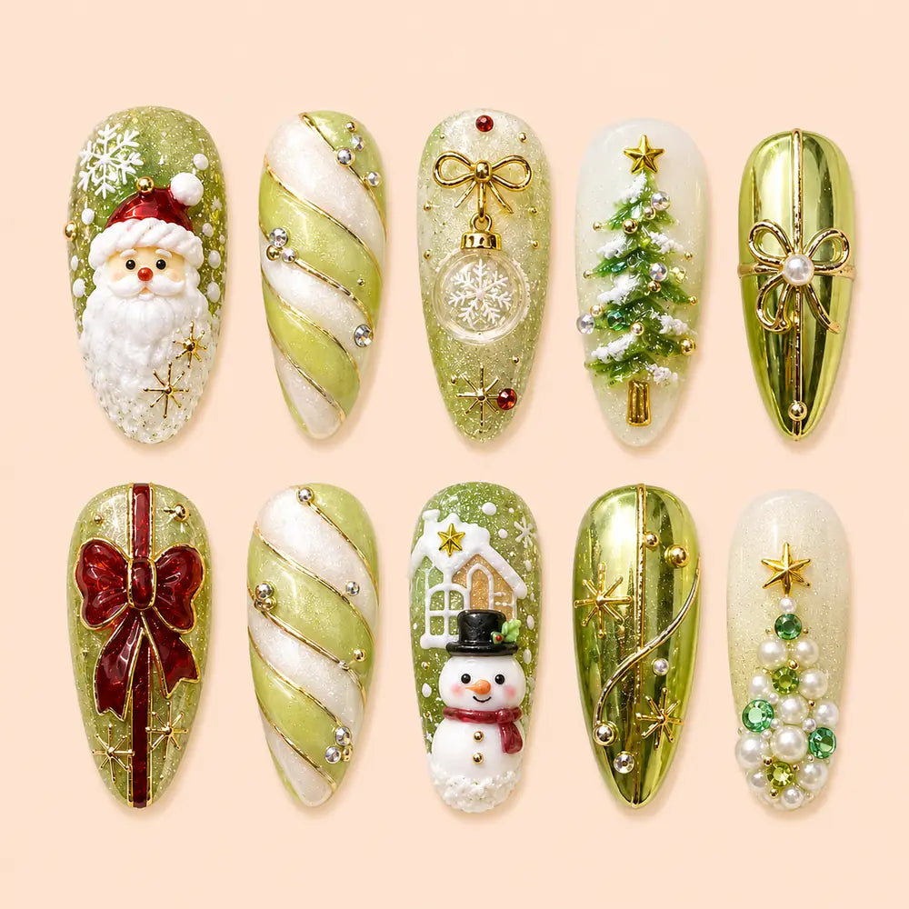 Emerald Santa Gift Bow Christmas Press On Nails — image 1