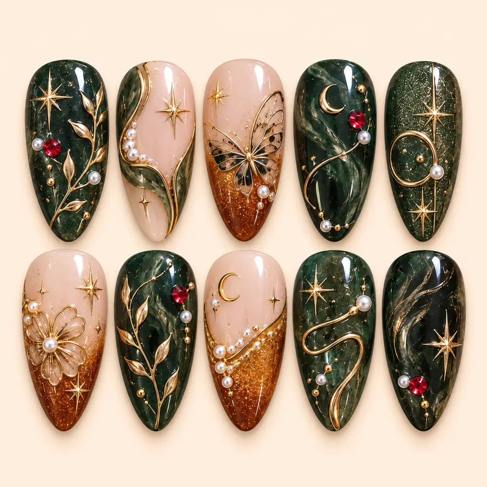 Enchanted Celestial Garden 3D Rhinestone Press On Nails — image 1