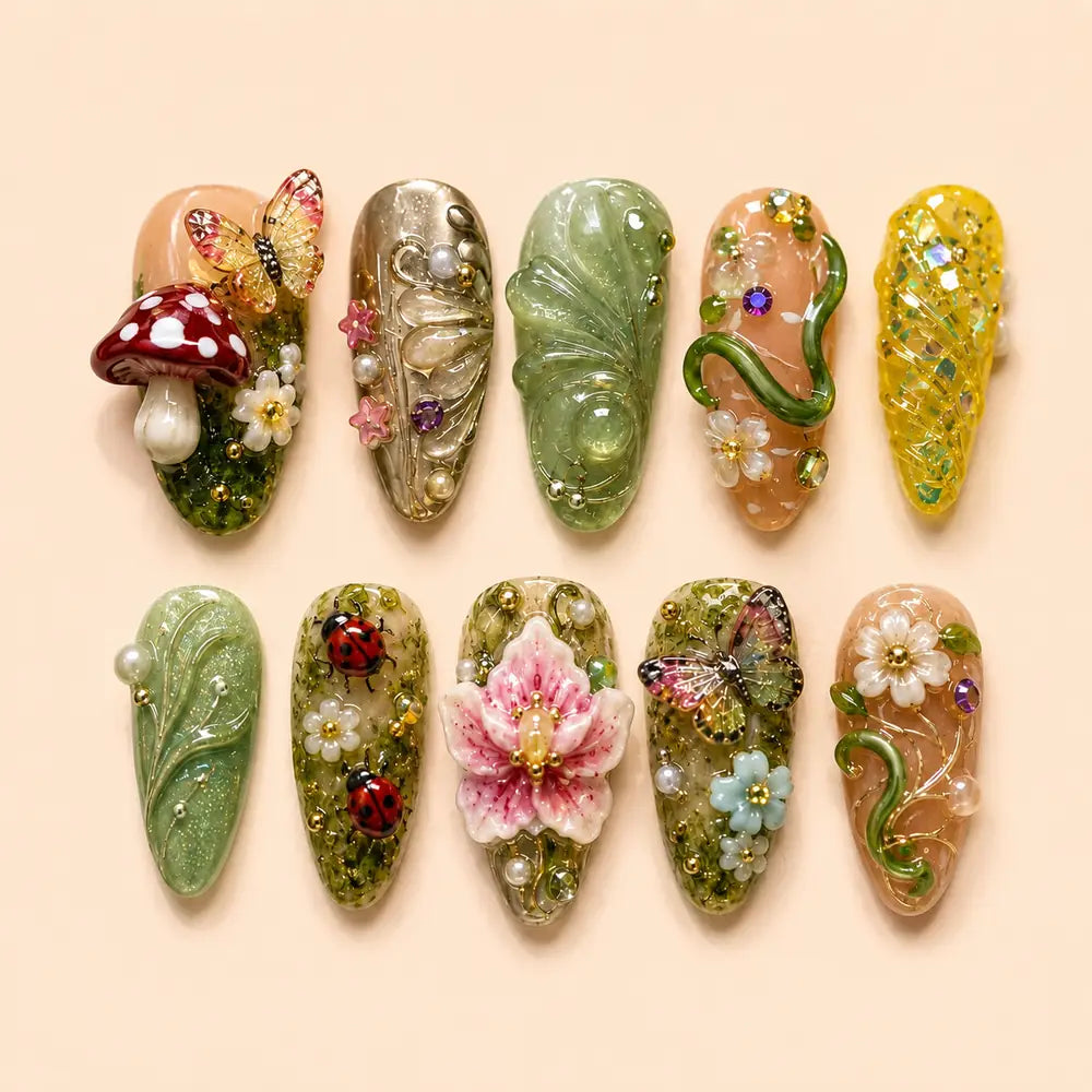 Enchanted Woodland Butterfly & Mushroom 3D Press On Nails — image 1