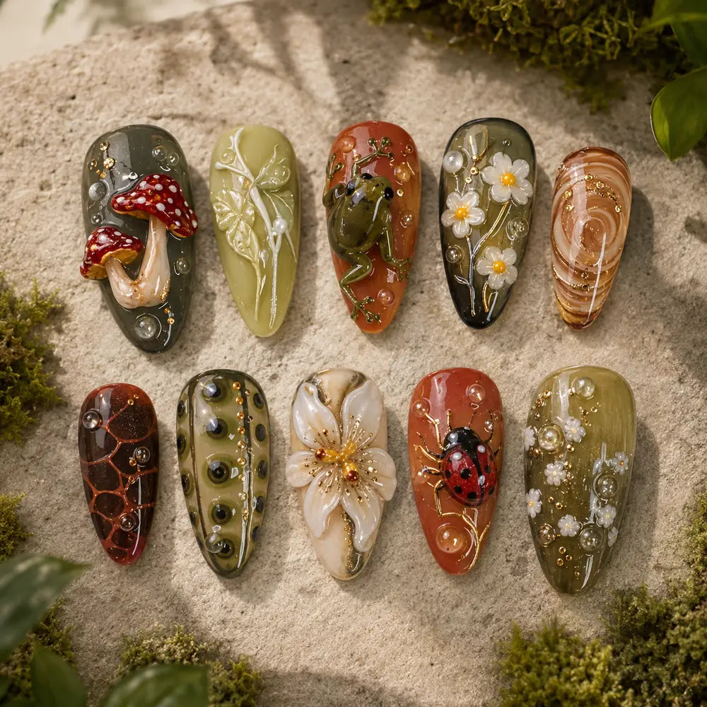 Enchanted Woodland Mushroom Frog 3D Press On Nails — image 2