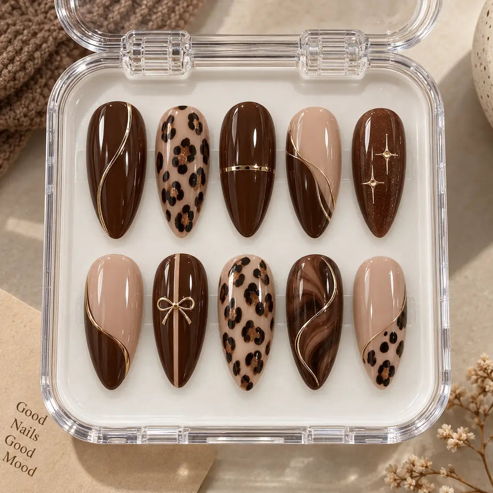 Espresso Floral Bow 3D Press On Nails — image 2