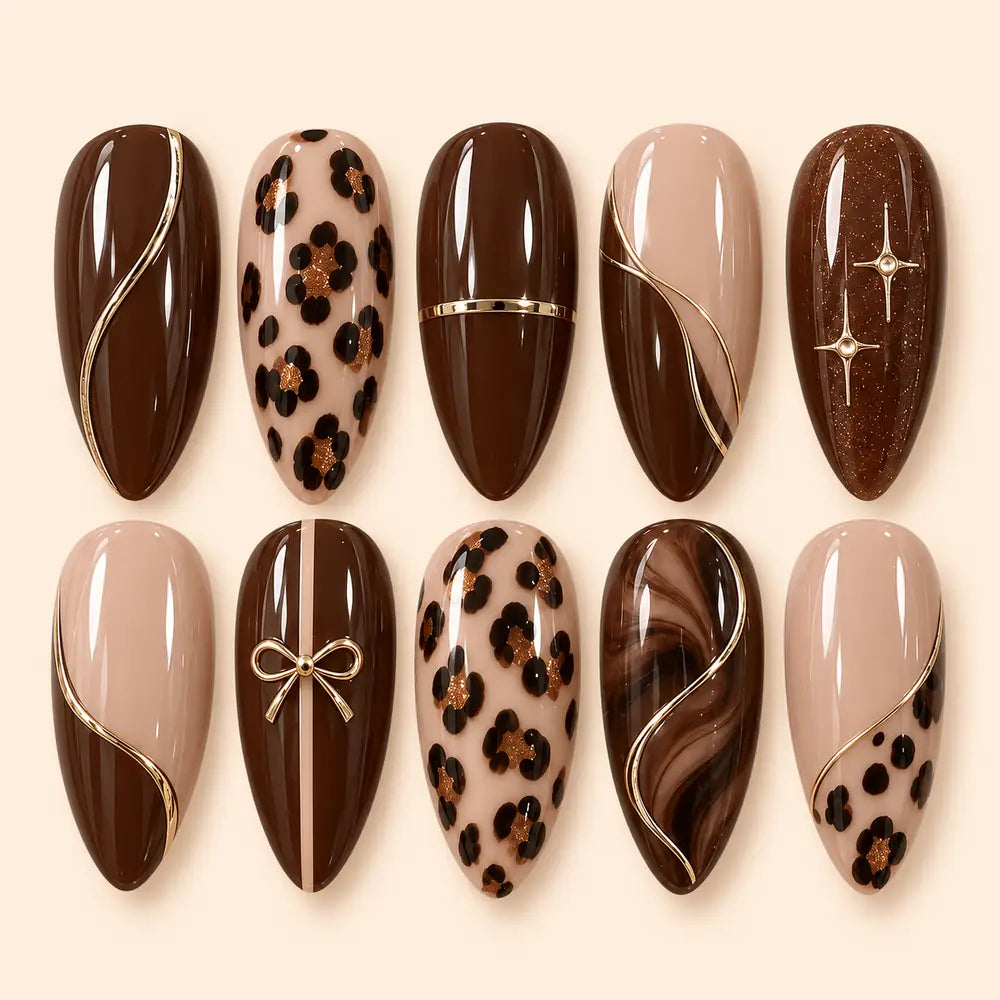 Espresso Floral Bow 3D Press On Nails — image 1
