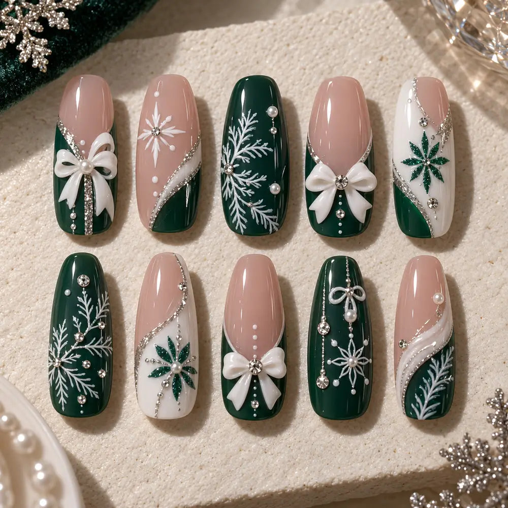 Evergreen Bow Snowflake Rhinestone Christmas Press On Nails — image 2