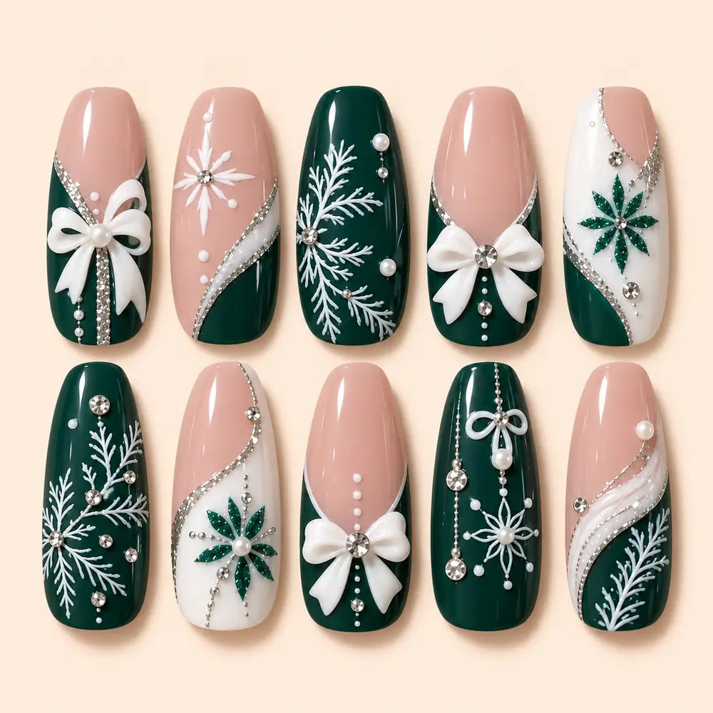 Evergreen Bow Snowflake Rhinestone Christmas Press On Nails — image 1
