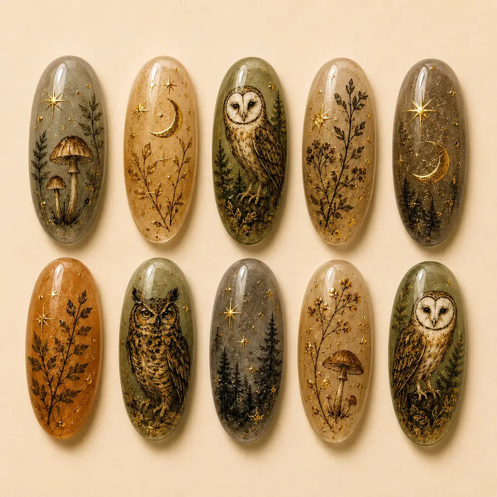 Fairycore Autumn Forest Owl & Woodland Gold Flake Press On Nails