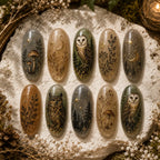 Fairycore Autumn Forest Owl & Woodland Gold Flake Press On Nails