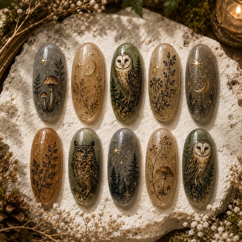 Fairycore Autumn Forest Owl & Woodland Gold Flake Press On Nails