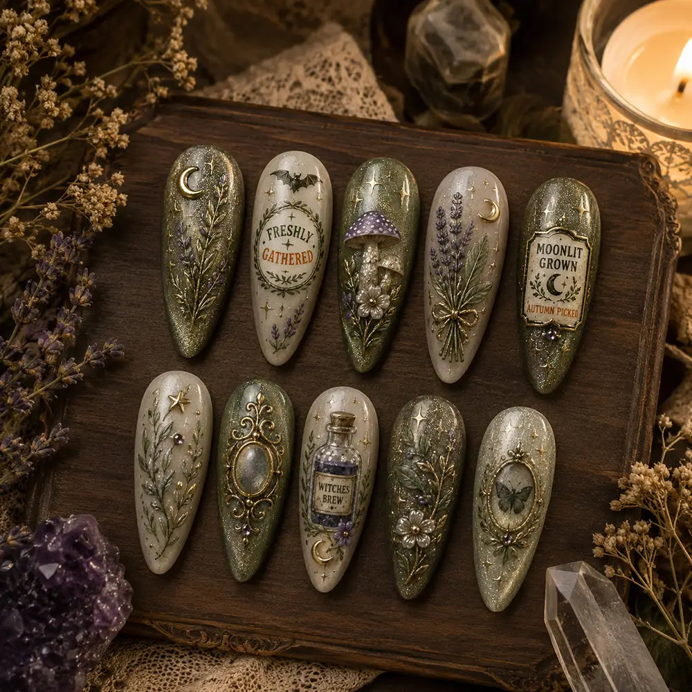 Fairycore Autumn Herbal & Mushroom Gold Foil Press On Nails