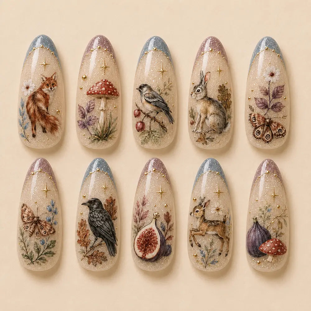 Fairycore Autumn Woodland Animals & Forest French Tip Glitter Press On Nails