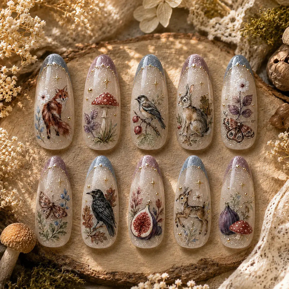 Fairycore Autumn Woodland Animals & Forest French Tip Glitter Press On Nails