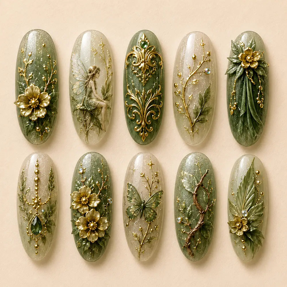 Fairycore Enchanted Fairy & Botanical Gold Foil 3D Press On Nails