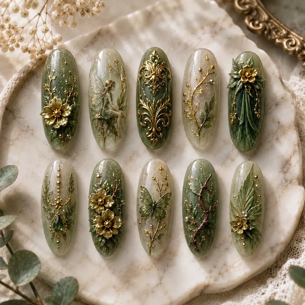 Fairycore Enchanted Fairy & Botanical Gold Foil 3D Press On Nails