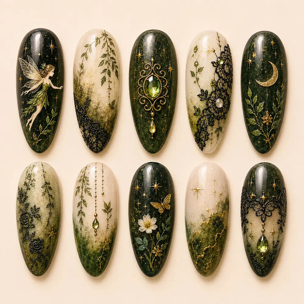 Fairycore Enchanted Forest Fairy Gold Foil Press On Nails