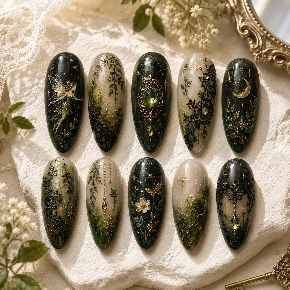 Fairycore Enchanted Forest Fairy Gold Foil Press On Nails