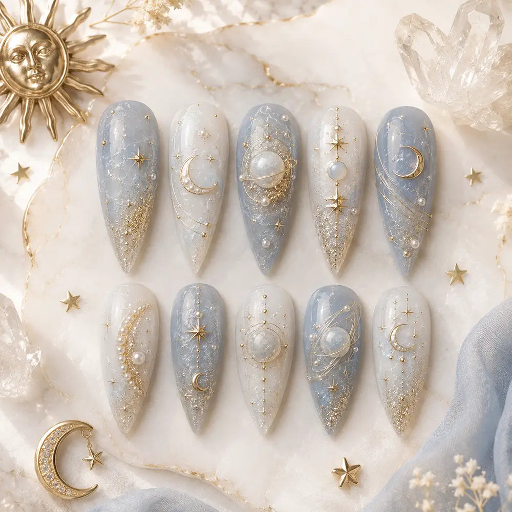 Fairycore Evening Celestial Planet Rhinestone Press On Nails