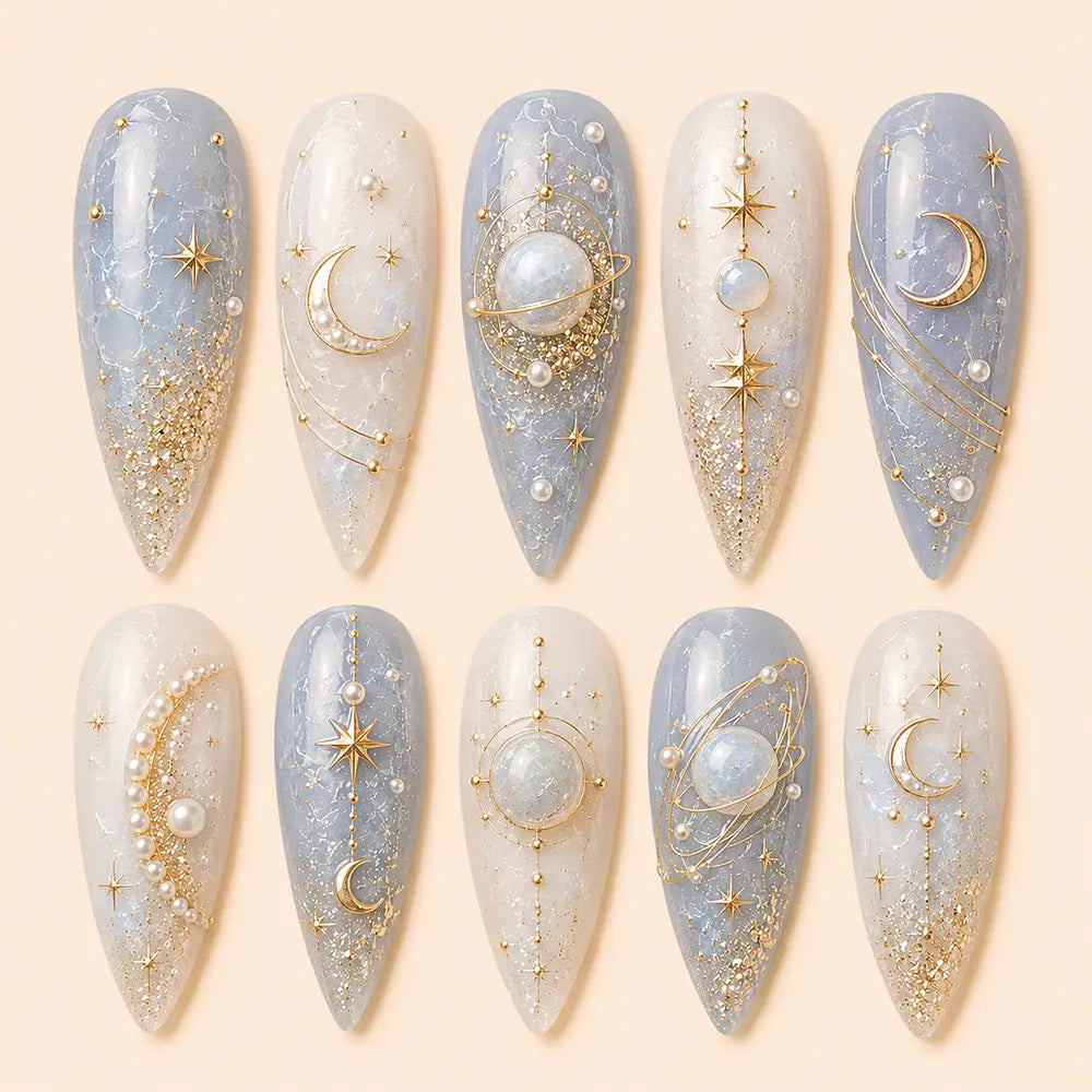Fairycore Evening Celestial Planet Rhinestone Press On Nails