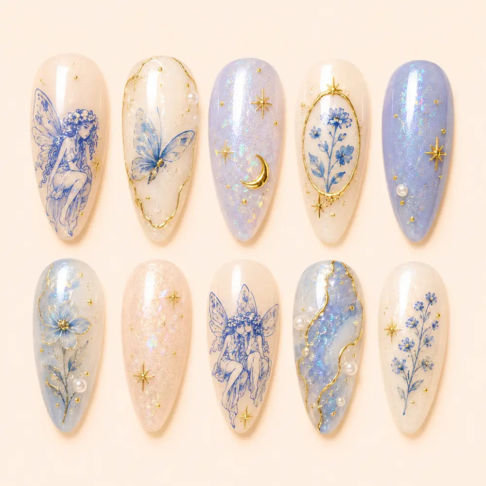 Fairycore Everyday Fairy & Blue Butterfly Pearl Press On Nails