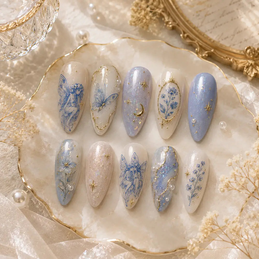 Fairycore Everyday Fairy & Blue Butterfly Pearl Press On Nails