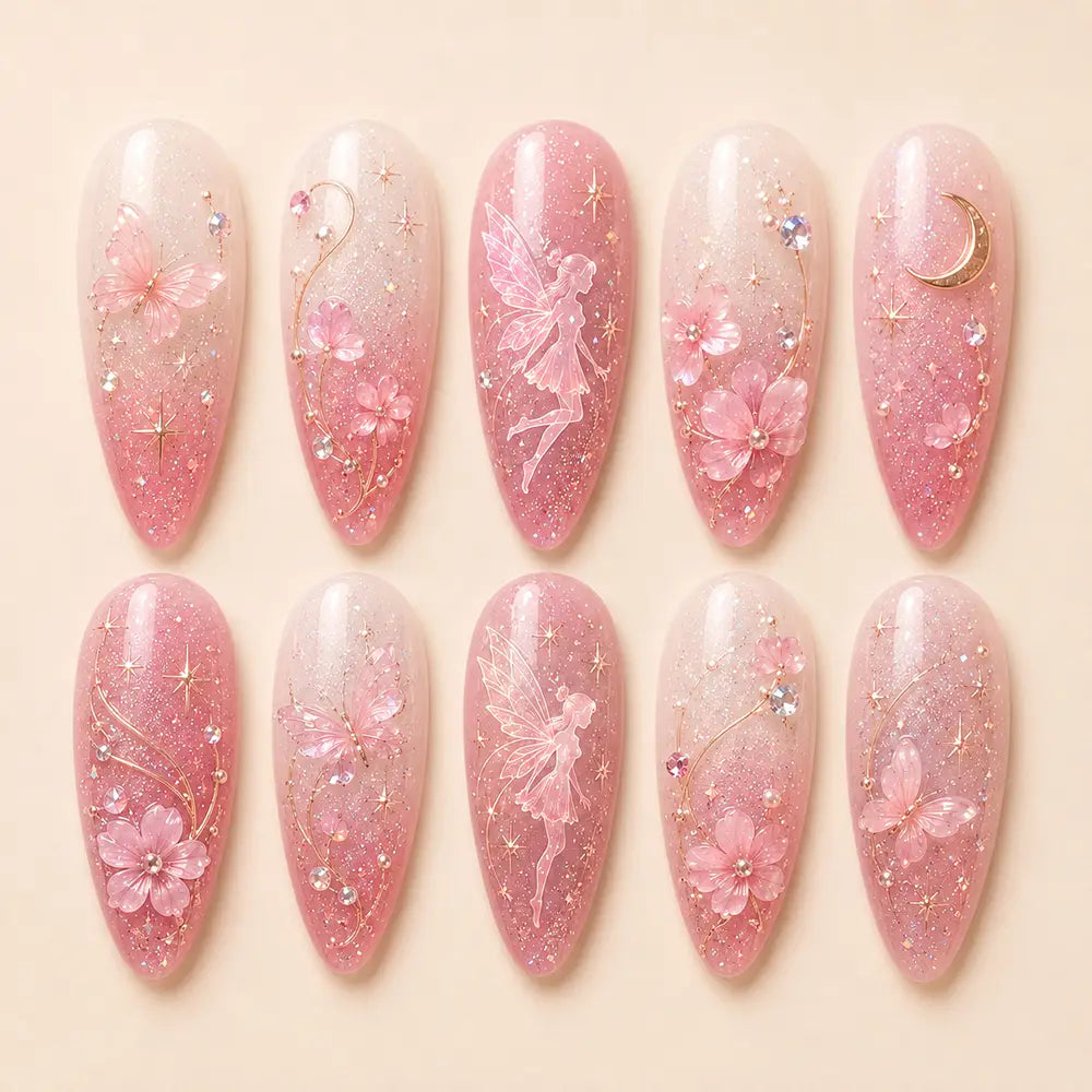 Fairycore Moonlit Fairy & Butterfly Iridescent Press On Nails