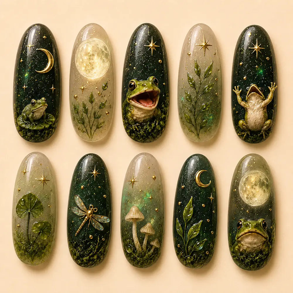 Fairycore Moonlit Forest Frog & Mushroom Celestial Press On Nails
