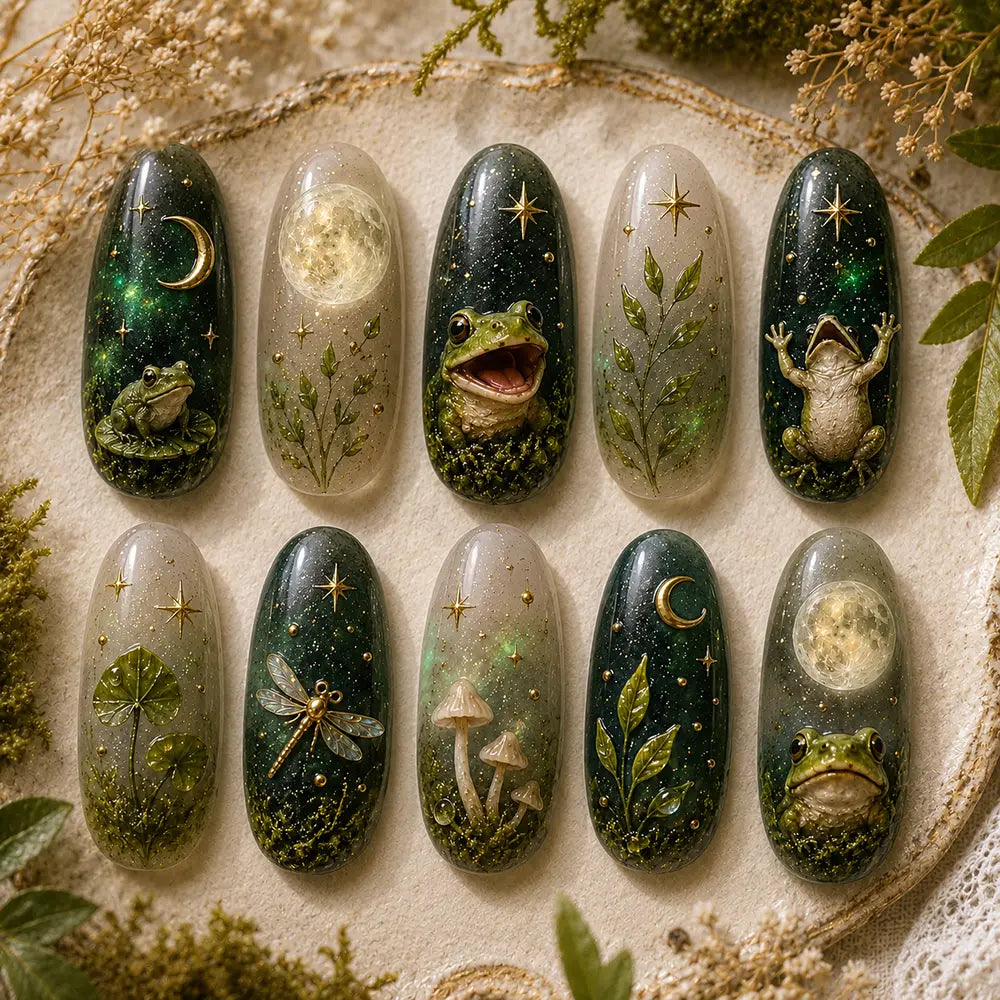Fairycore Moonlit Forest Frog & Mushroom Celestial Press On Nails