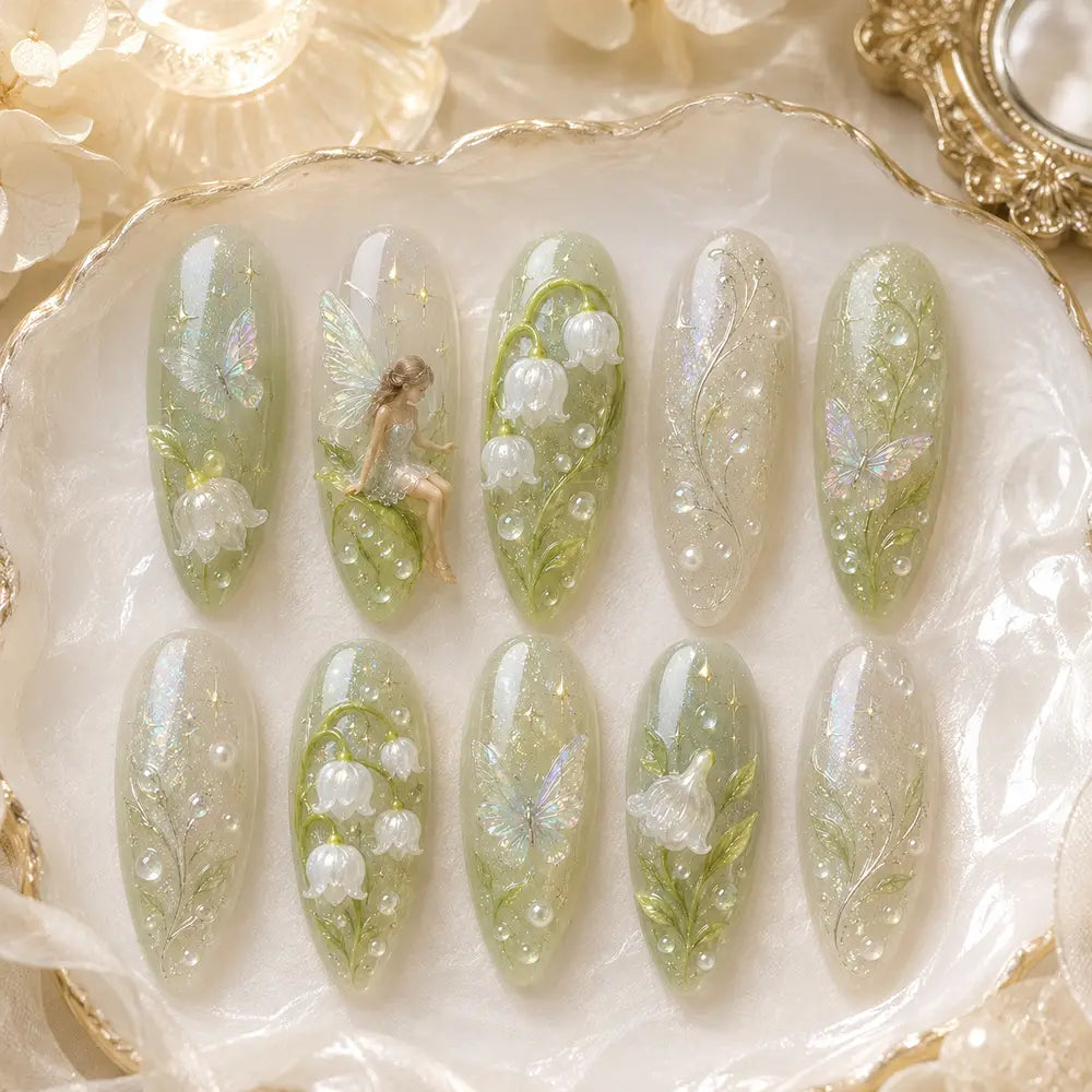 Fairycore Spring Lily of the Valley Ombre Cat Eye Press On Nails