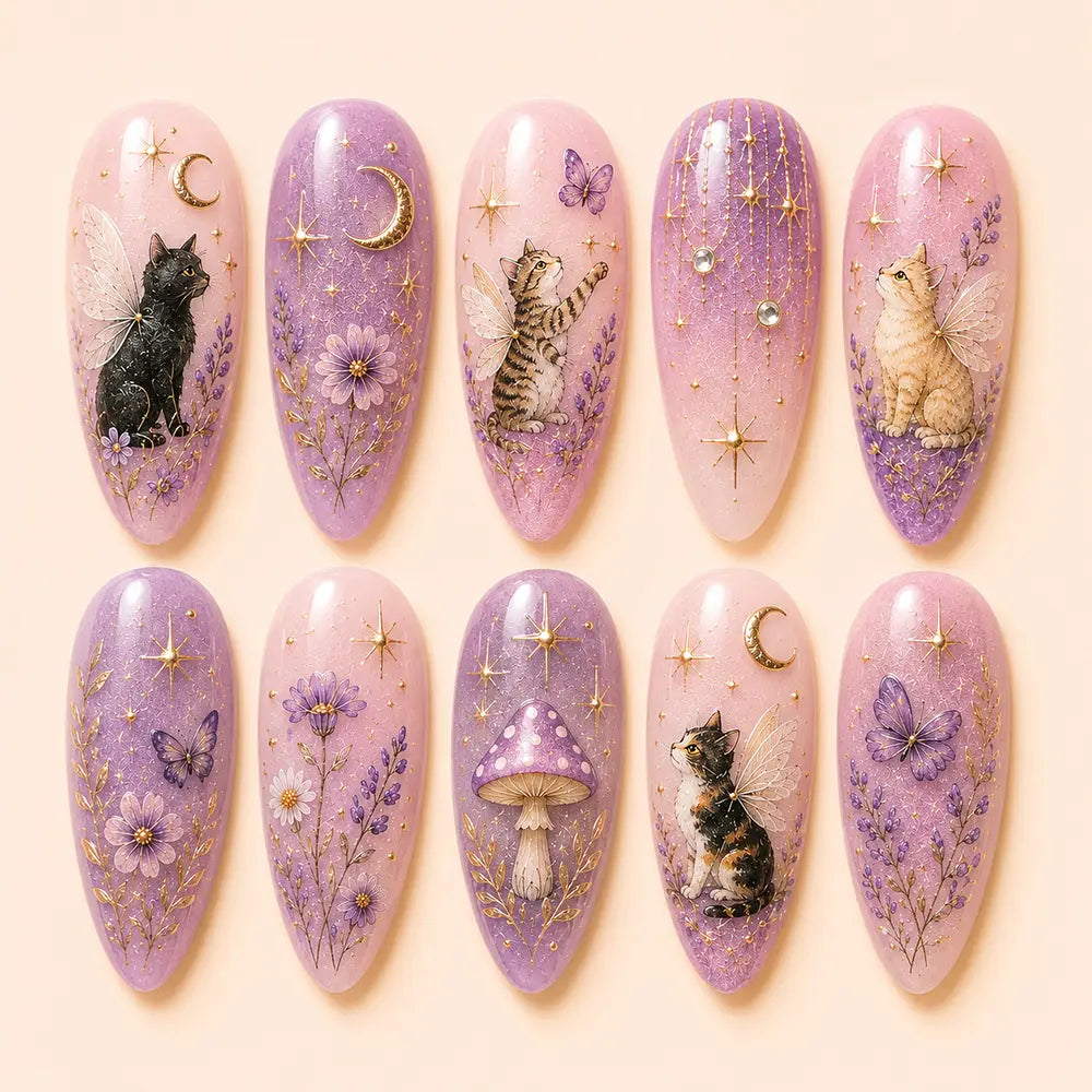 Fairycore Twilight Fairy Cat Gold Foil Press Ombre On Nails