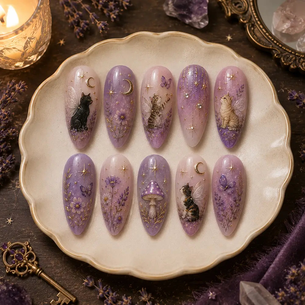 Fairycore Twilight Fairy Cat Gold Foil Press Ombre On Nails