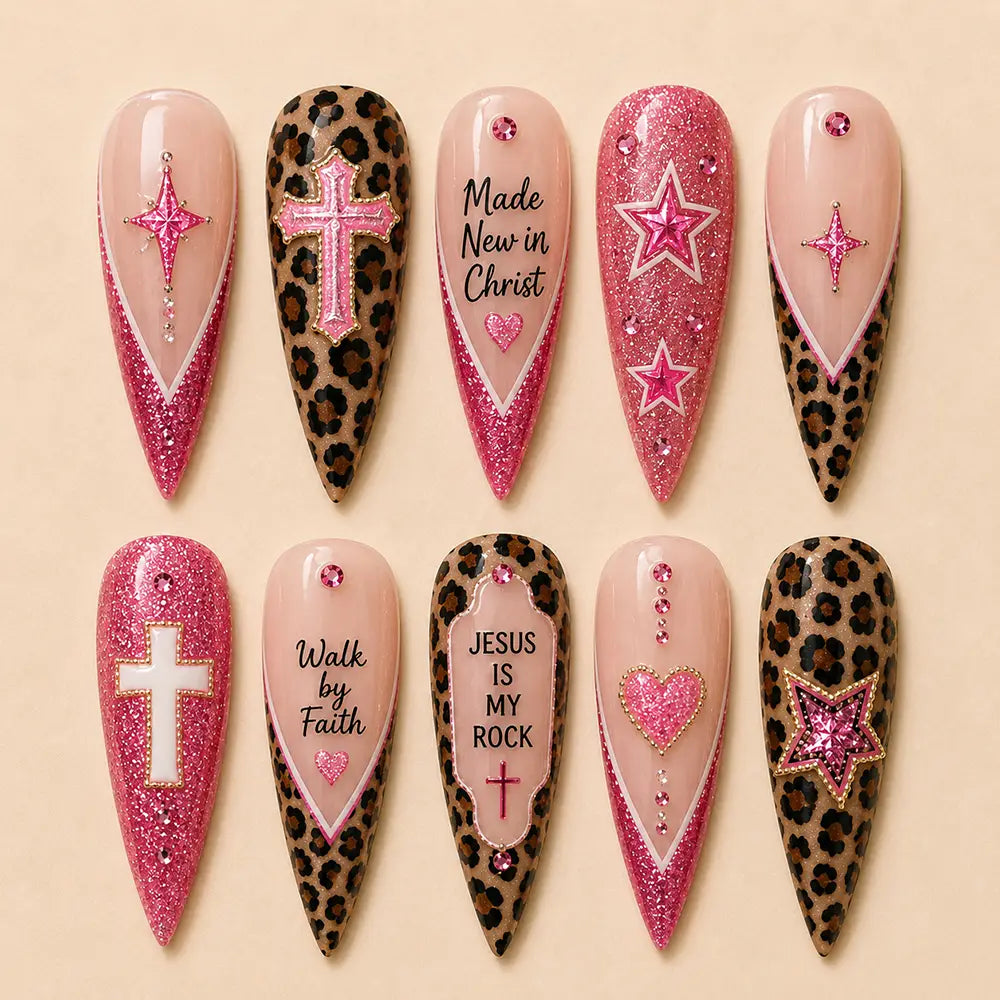 Faith Easter Cross & Leopard French Tip Glitter Press On Nails