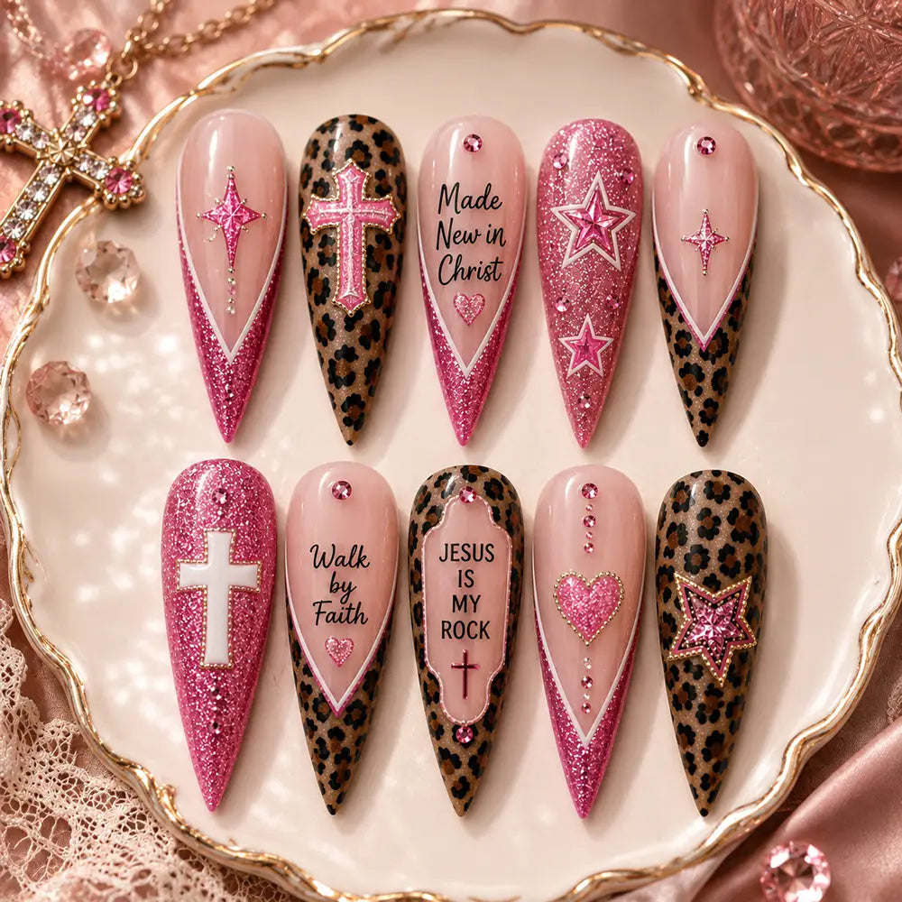 Faith Easter Cross & Leopard French Tip Glitter Press On Nails