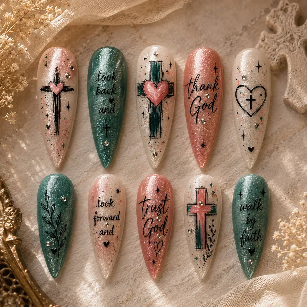 Faith Easter Cross & Scripture Cat Eye Press On Nails