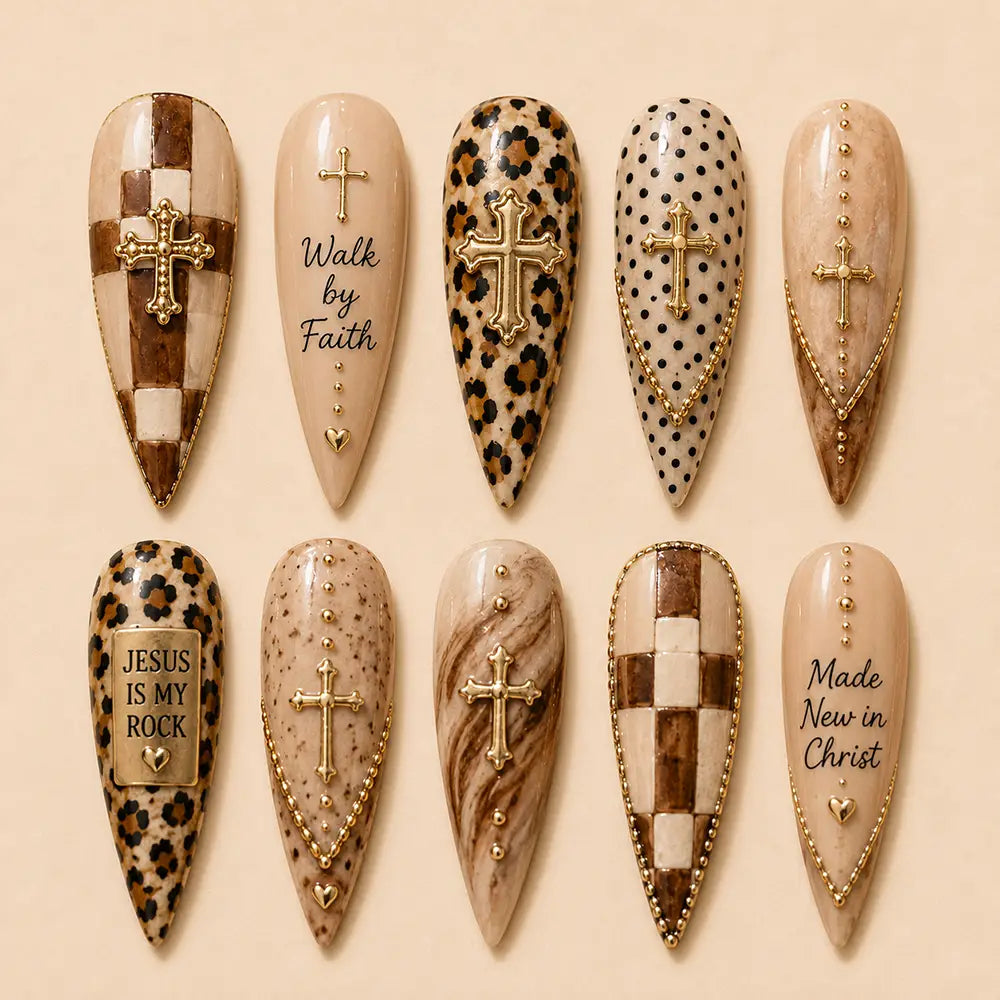 Faith Jusus Cross & Leopard Print Press On Nails