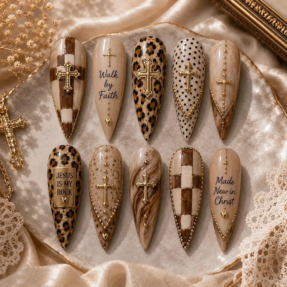 Faith Jusus Cross & Leopard Print Press On Nails