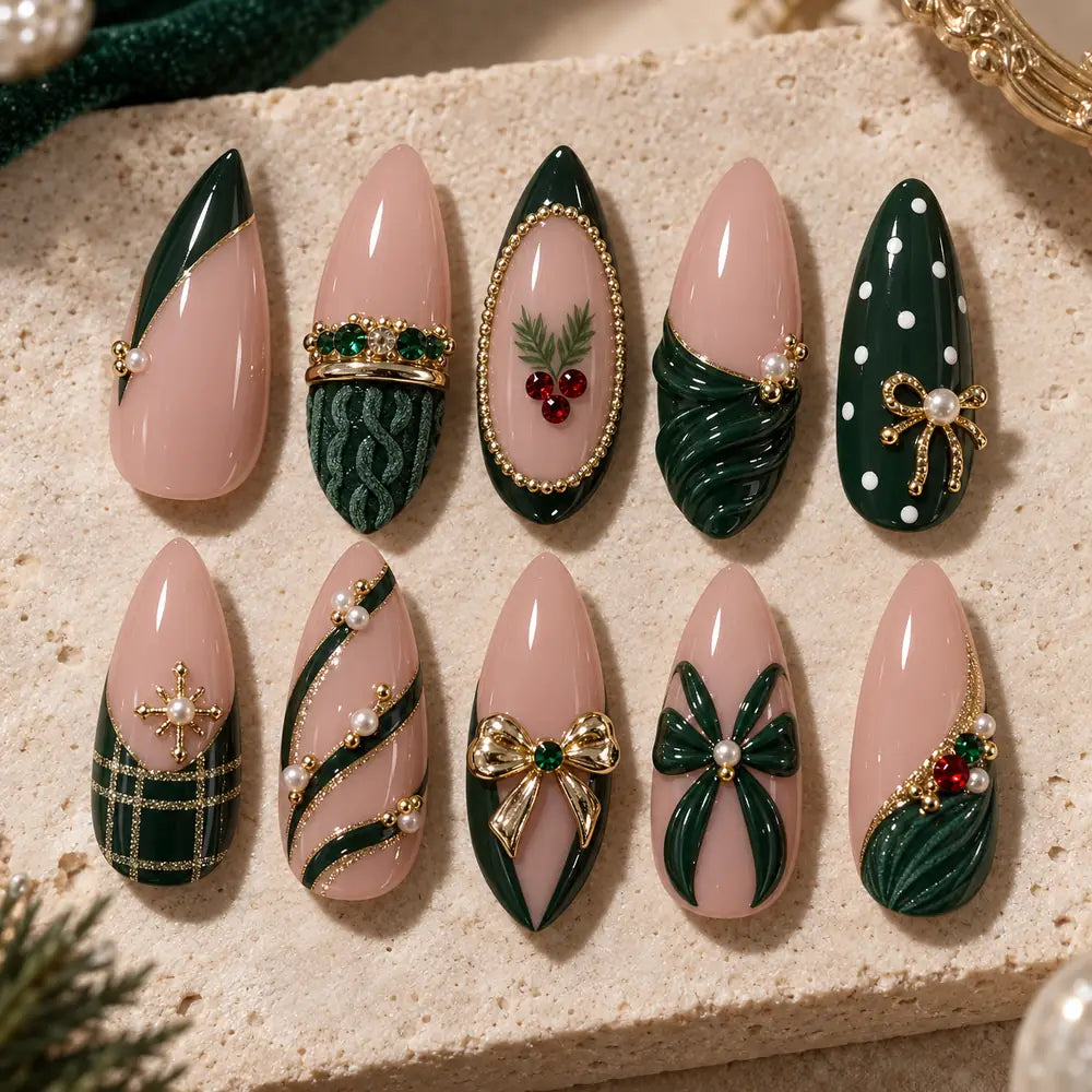 Festive Green Bow & Berry 3D Press On Nails — image 2