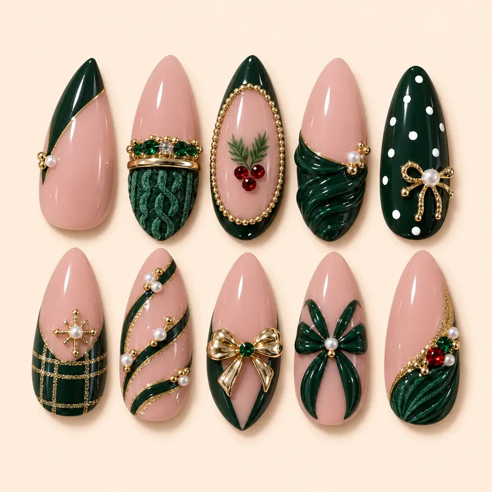 Festive Green Bow & Berry 3D Press On Nails — image 1