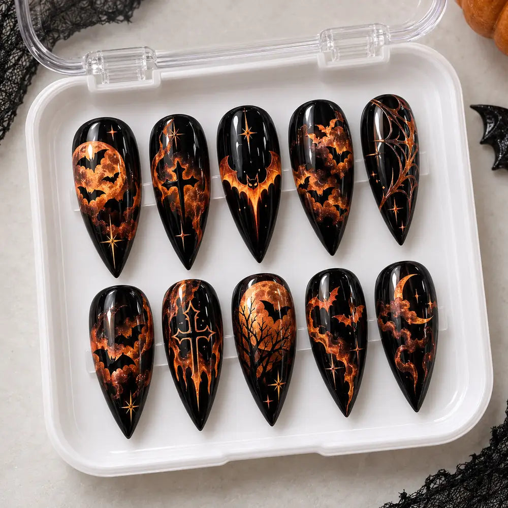 Fiery Bat Moon Halloween Stiletto Press On Nails — image 2