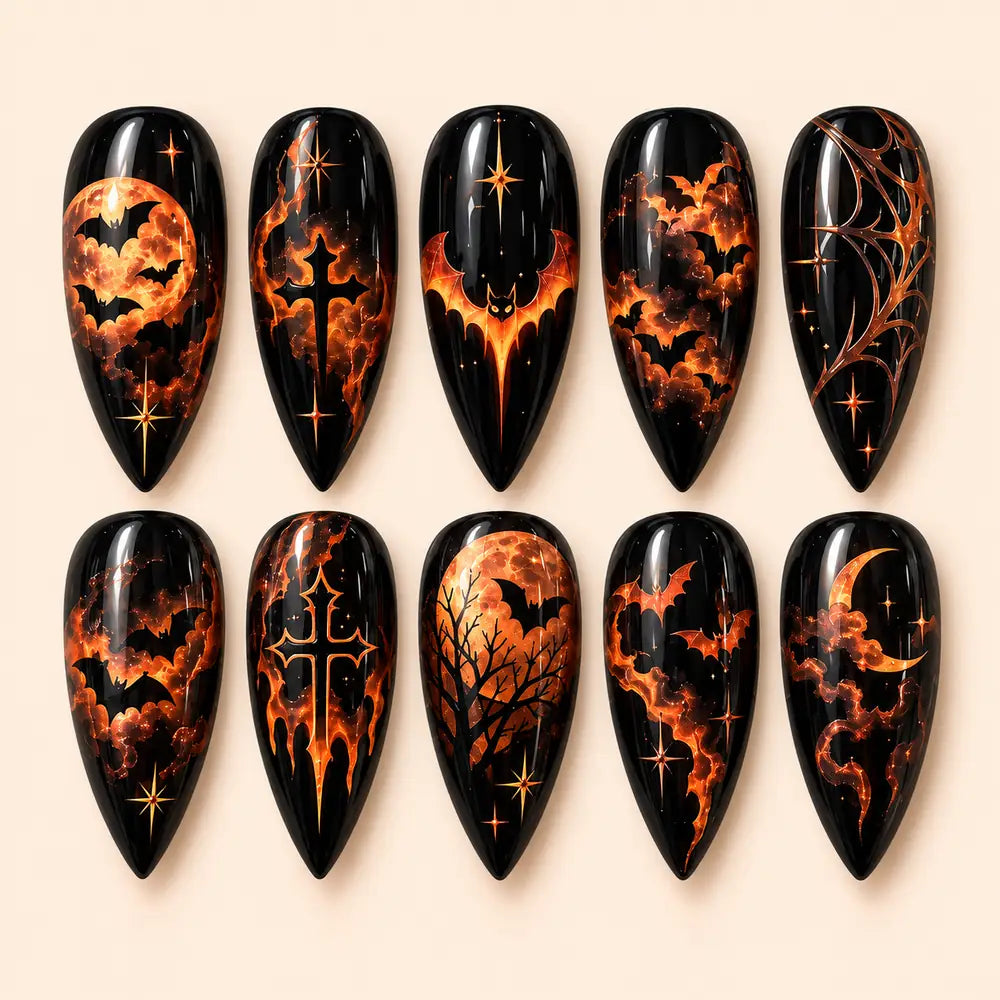 Fiery Bat Moon Halloween Stiletto Press On Nails — image 1