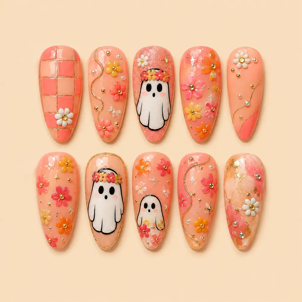 Floral Ghost Garden Halloween Press On Nails — image 1