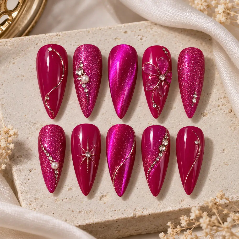 Fuchsia Crystal Bloom Glitter Press On Nails — image 2