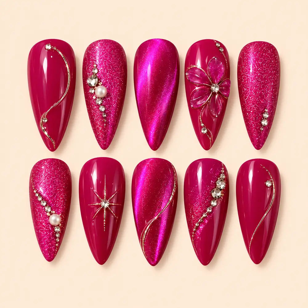 Fuchsia Crystal Bloom Glitter Press On Nails — image 1