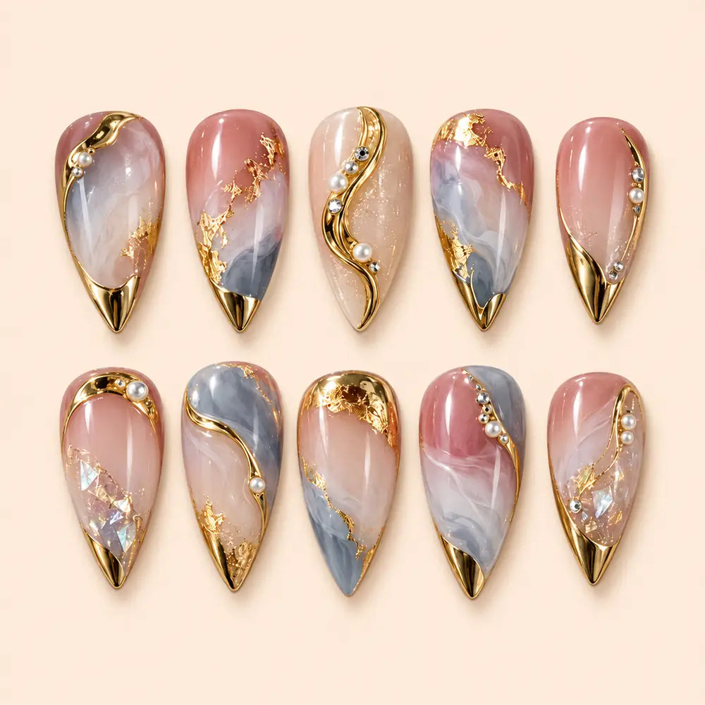 Gilded Blush and Slate Marble Press On Nails — image 1