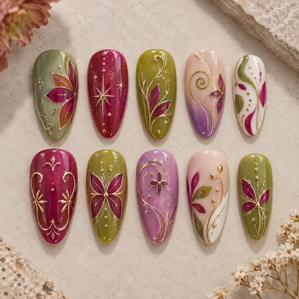 Gilded Botanical Floral 3D Press On Nails — image 2