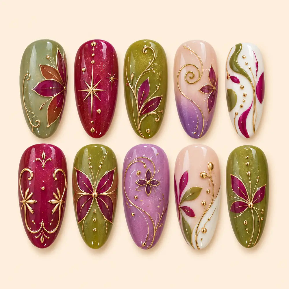 Gilded Botanical Floral 3D Press On Nails — image 1