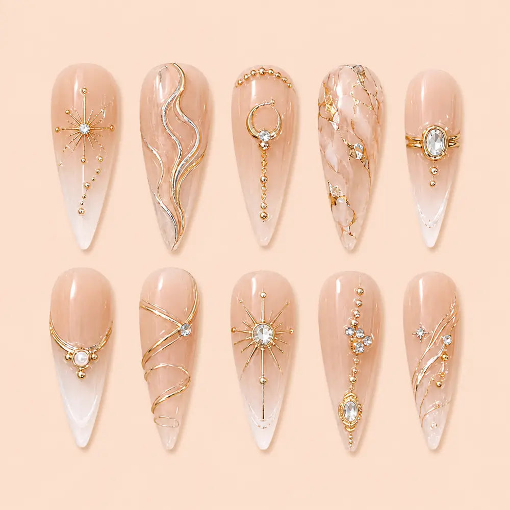 Gilded Celestial Rhinestone Stiletto Press On Nails — image 1