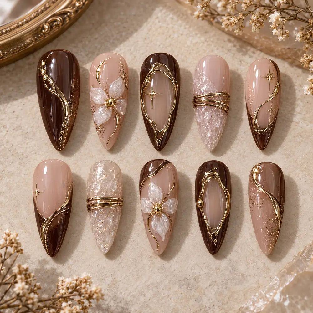 Gilded Cocoa Floral 3D Press On Nails — image 2