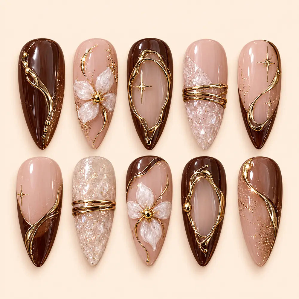 Gilded Cocoa Floral 3D Press On Nails — image 1