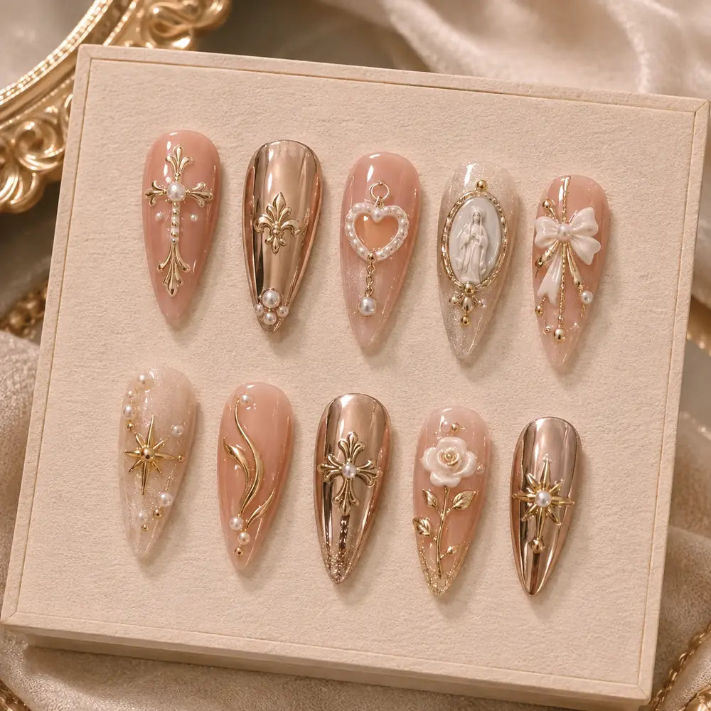 Gilded Devotion Cross & Rose Press On Nails — image 2