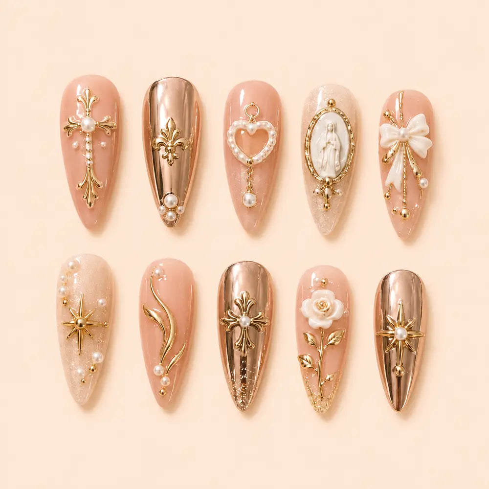 Gilded Devotion Cross & Rose Press On Nails — image 1