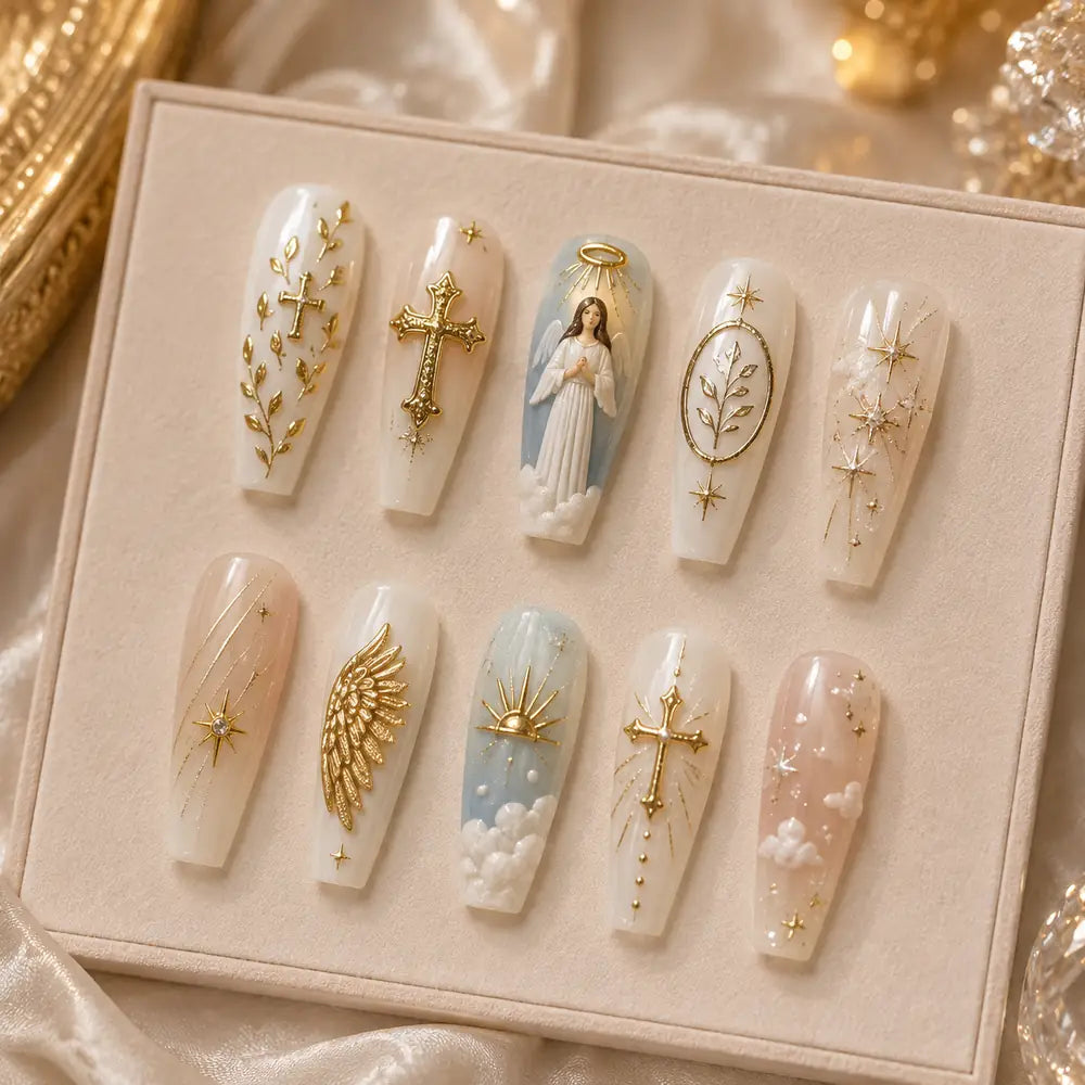 Gilded Guardian Angel Cross Press On Nails — image 2